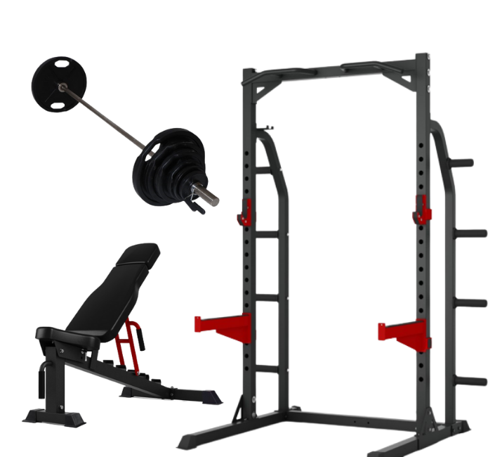 Peak Fitness Half Rack 125kg 50 Mm Vægtskiver Og Fid Bænk Sort